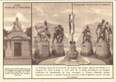 Concorde tér Párizsban és a Szabadság tér Budapesten. Trianon szoborcsoport, Országzászló. Magyar Földrajzi Intézet rt. nyomása / Paris, Place de la Concorde - Budapest, Place de la Liberté; Hungarian irredenta propaganda, Trianon map