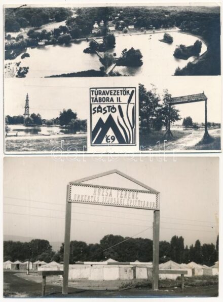 2 db modern magyar ifjúsági építőtáboros fotó képeslap: Rózsa Ferenc Önkéntes ifjúsági építőtábora, Túravezetők Tábora II. Sástó / 2 modern Hungarian photo postcards: youth camps, propaganda