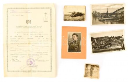 1941-44 A felrobbantott Dráva híd helyreállítása 2 db képeslap, hozzá Pap Lajos utász fényképe és származási igazolványa, aki részt vett a híd építésében, ls a fotón szereplő Délvidékért emlékérmet kapta + 2 db
