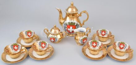 Bavaria porcelán mokkás készlet. Aranyozott, svájci dekorral, Matricás, jelzett, hibátlan