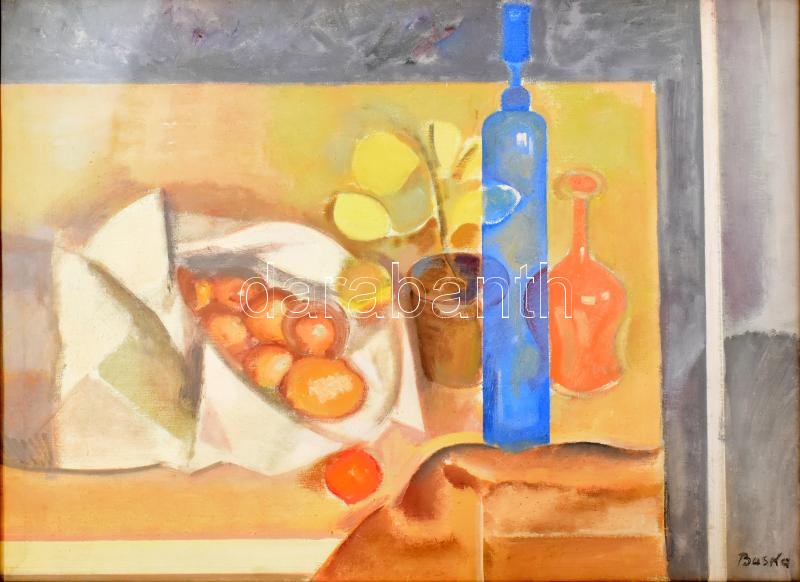 Baska József (1935-2017): Csendélet. Olaj, vászon, jelzett. Hátoldalán Képcsarnok Vállalat címkéjével. Üvegezett keretben. 60x80 cm