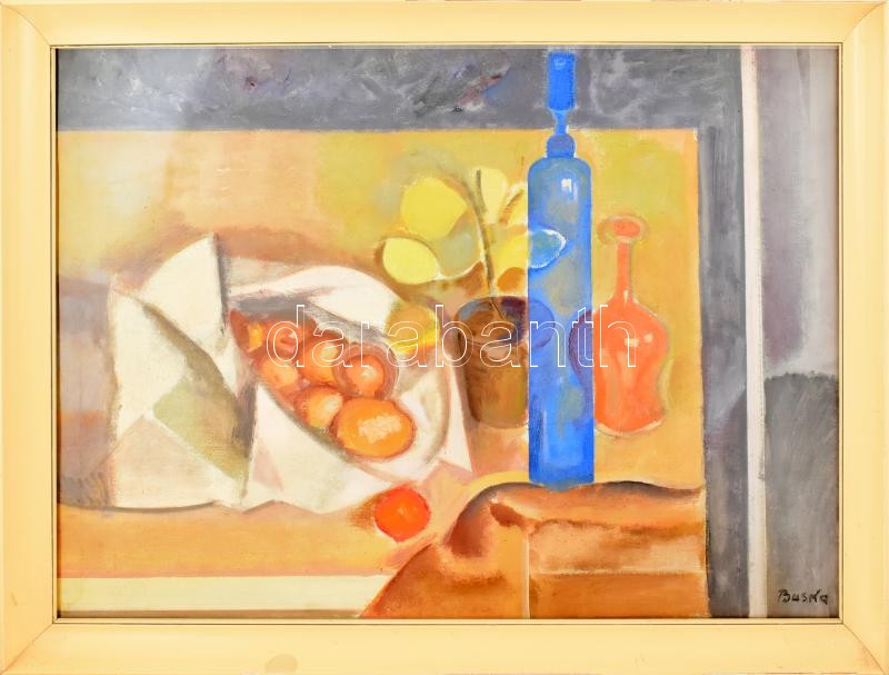 Baska József (1935-2017): Csendélet. Olaj, vászon, jelzett. Hátoldalán Képcsarnok Vállalat címkéjével. Üvegezett keretben. 60x80 cm - Image 2