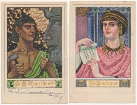 2 db RÉGI művész motívum képeslap / 2 pre-1945 art motive postcards: Die Baukunst / Die Bildhauerkunst. B.K.W.I. 130-1/5.