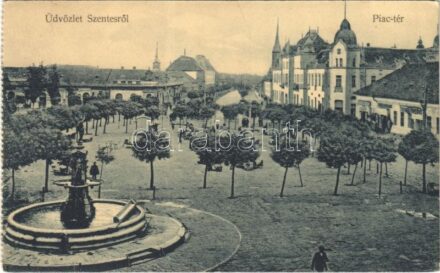 1926 Szentes, Piac tér, üzletek. Szilágyi Dezső kiadása (képeslapfüzetből / from postcard booklet) (EK)