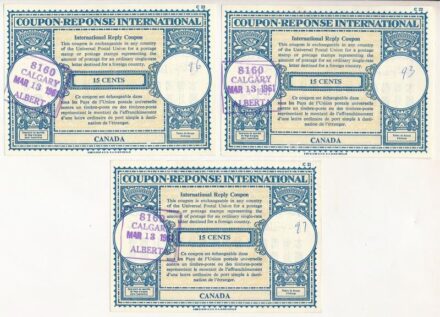 Kanada 1961. 15c 'Nemzetközi Válaszdíjszelvény' (3x) T:I Canada 1961. 15 Cents 'International Reply Coupon' (3x) C:UNC