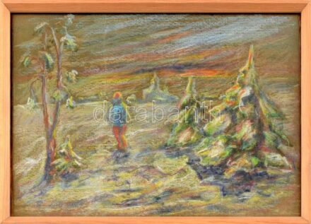 Katymári Krizsán Antal (1916-1996): Téli alkonyat. Pasztell, papír. Jelzett. Üvegezett fa keretben. 26,5×38 cm