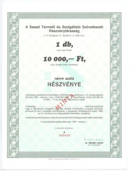 Budapest 1991. 'Sasad Termelő és Szolgáltató Szövetkezeti Részvénytársaság' névre szóló részvénye 10.000Ft-ról, szelvényekkel és 'MINTA' bélyegzéssel + 'Sasad Termelő és Szolgáltató Szövetkezeti Részvénytársaság' névre