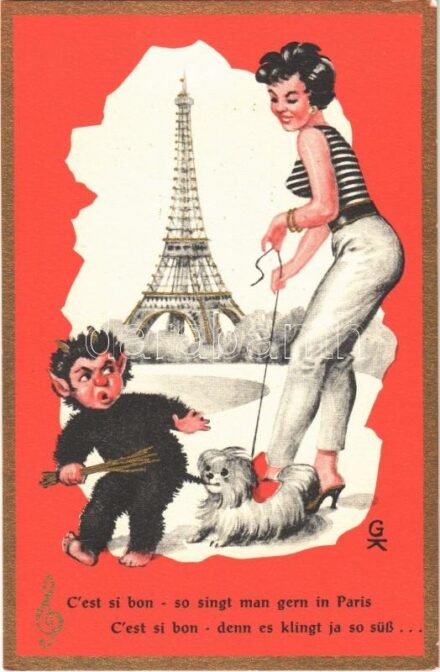 C'est si bon - so singt man gern in Paris / Krampus art postcard, lady with dog. Entwurf Akad. Maler K. WSW 1364.