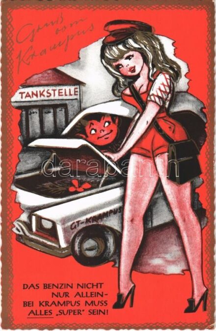 Gruß vom Krampus / Krampus with lady, gas station, automobile, erotic humour - modern art postcard (EK)
