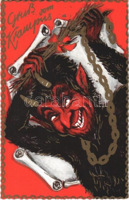Gruß vom Krampus / Krampus with chains - modern art postcard