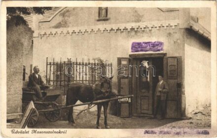 1929 Mosonszolnok, Hiller (?) üzlete, lovaskocsi, Franck kávé plakátja. Szilágyi Artur műintézetéből (felületi sérülés / surface damage)
