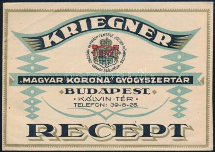 Kriegner 'Magyar Korona' Gyógyszertár Budapest receptborítékja