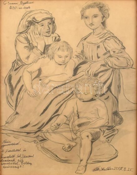 Péter Zoltán jelzéssel, Giovanni Baglione (1566-1643) után: Mária gyermekével, Sz. Erzsébettel és Keresztelő Sz. Jánossal. Tus, papír. Üvegezett, dekoratív fa keretben. 46x31 cm