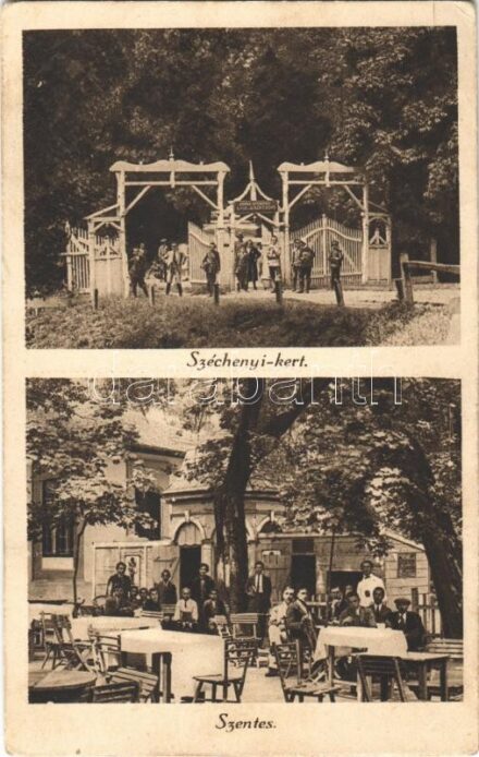 Szentes, Széchenyi kert, kénes gyógyvíz, gőz és kádfürdő, vendéglő, étterem, kert vendégekkel és pincérekkel. Ifj. Molnár Ferenc kiadása (EK)
