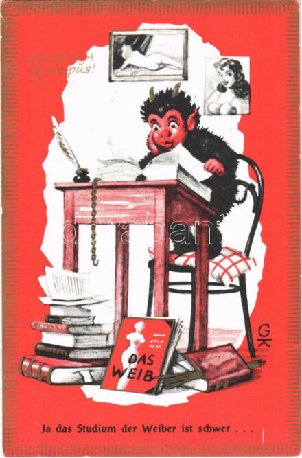 1973 Gruss vom Krampus / Krampus with lady, erotic humour - modern art postcard