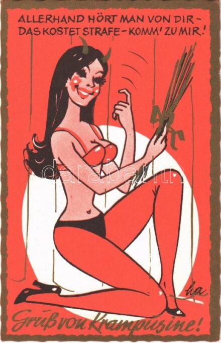 Gruss von Krampusine / Krampus lady, erotic humour - modern art postcard