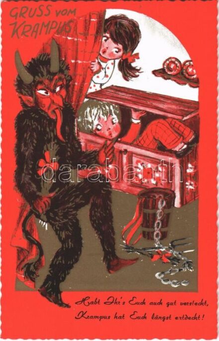 Gruss vom Krampus / Krampus with children - modern art postcard