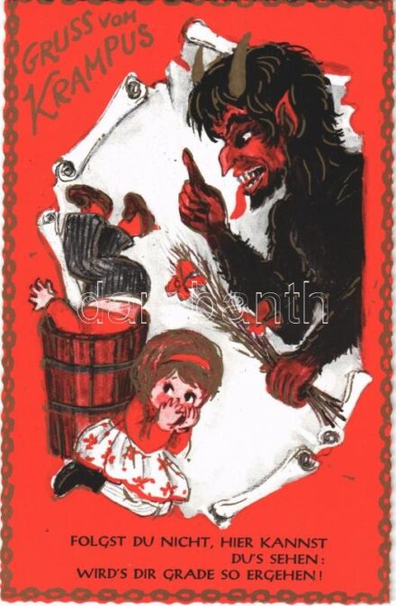 Gruss vom Krampus / Krampus with children - modern art postcard
