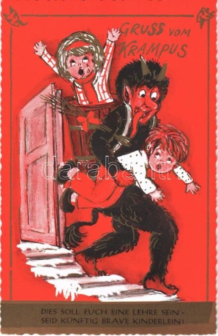Gruss vom Krampus / Krampus with children - modern art postcard