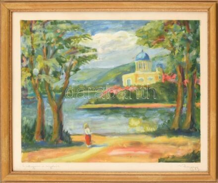 Olvashatatlan jelzéssel: Esztergom a szigetről. Olaj, papír, kartonra kasírozva, üvegezett fa keretben, 31x40 cm