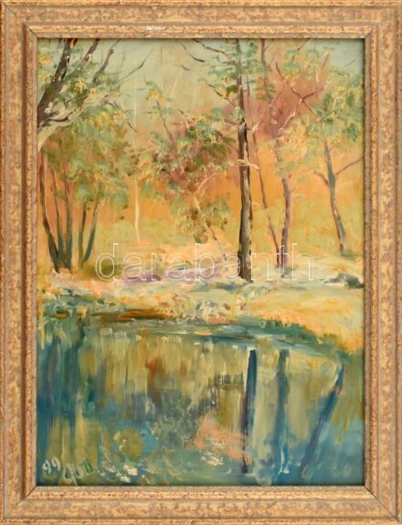Gott jelzéssel: Vízparti liget. Olaj, farost, dekoratív fa keretben, 40x30 cm