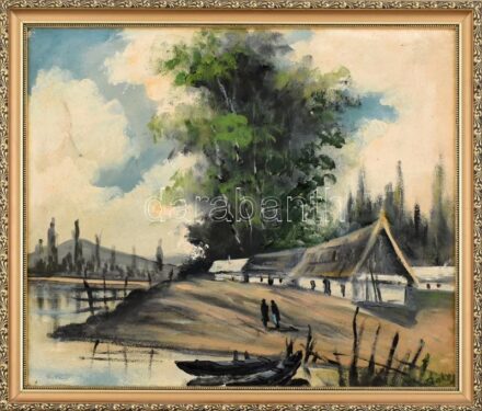 Baky jelzéssel: Vízparton. Olaj, karton, dekoratív fa keretben, 37×44 cm