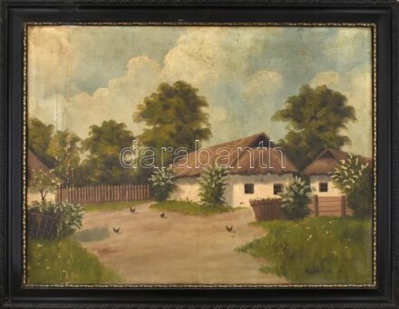 Püspöky M jelzéssel: Udvar. Olaj, vászon, sérült. Kissé sérült fa keretben, 60×80 cm