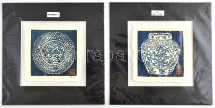 Kínai, szerencsét hozó litográfiák prosperitás, minden jót. Merített papíron, paszpartuban. Jelzettek Külső méret 20x21 cm / Chinese litographs