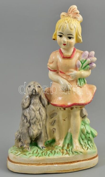 Lányka kutyával. Festett gipsz figura. Kopással. 24 cm
