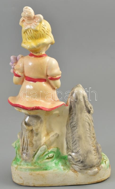 Lányka kutyával. Festett gipsz figura. Kopással. 24 cm - Image 2