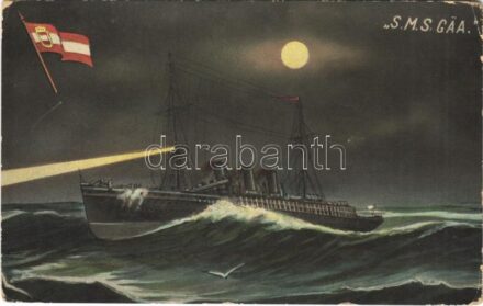 SMS Gäa/Gaea (ex SS Fürst Bismarck) torpedó anyahajó, tengeralattjáró ellátóhajó és lakóhajó éjjel / K.u.K. Kriegsmarine / Austro-Hungarian Navy depot ship for submarines, at night, naval flag. G. Fano, Pola 1910. No. 74. (kopott