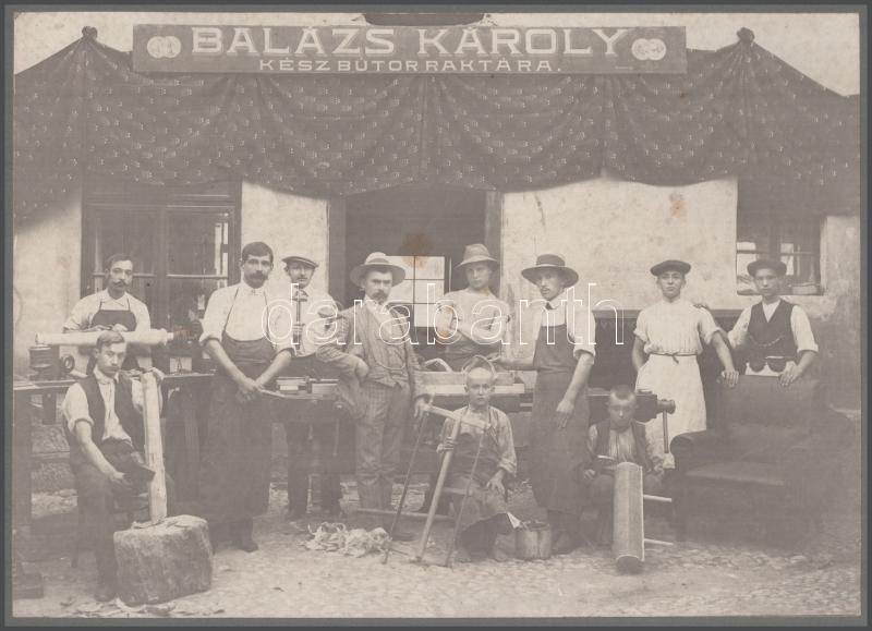 cca 1900 Budapest, Práter utca 32., Balázs Károly Kész Bútor Raktára, kartonra kasírozott fotó, sérült karton, 16×22 cm - Image 3