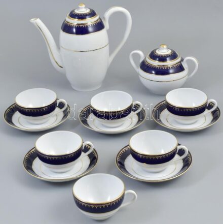 Zsolnay porcelán mokkás készlet. Kézzel festett, jelzett, hibátlan, eredeti dobozában, egy csészealj hiányzik
