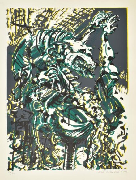 Simonyi Emő (1943-): Álom zöldben, 1992. Szitanyomat, papír. Jelzett, számozott (27/40). 58x42 cm
