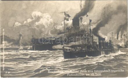 Beschießung von Antivari durch eine österreichisch-ungarische Flottendivision am 18. Sept. SMS Budapest, SM Torpedoboot Phönix. K.u.K. Kriegsmarine / Antivari (Bar) bombázása az Osztrák-Magyar Haditengerészet SMS Budapest Monarch-osztályú