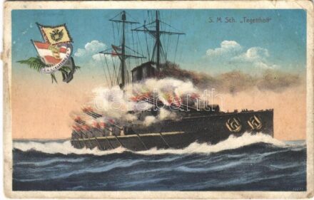 1913 SMS Tegetthoff az Osztrák-Magyar Haditengerészet Tegetthoff-osztályú csatahajója / K.u.K. Kriegsmarine / Austro-Hungarian Navy Tegetthoff-class battleship, naval flag. G.C. Pola 1913. (kis szakadás / small tear)