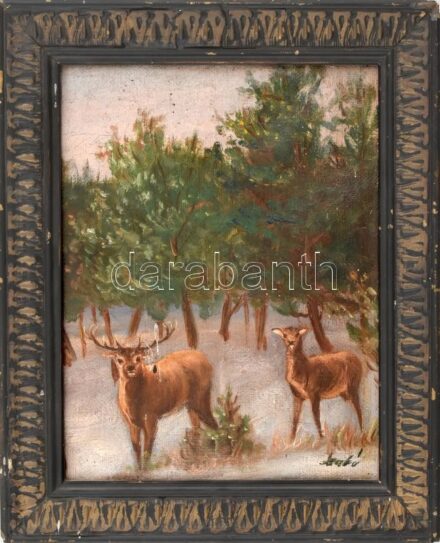 Szabó jelzéssel: Szarvasok. Olaj, vászon. Kissé foltos. Antik, kissé sérült fa keretben. 23,5x18,5 cm