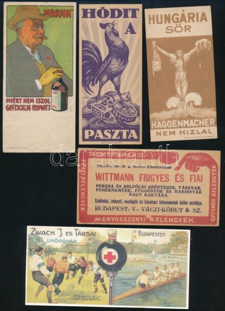 cca 1910-30 össz. 5 db számolócédula: Gottschlig Rum Faragó Géza grafikájával (apró szakadással), Kakas paszta Gönczi-Gebhardt Tibor grafikájával, Hungária sör Haggenmacher, Wittman Frigyes és Fiai, + egy Zwack reprint