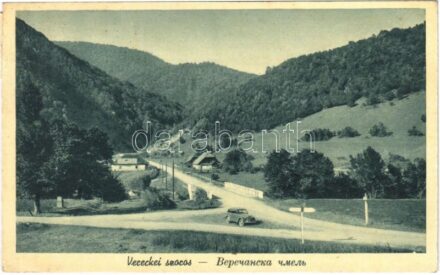 Vereckei-hágó, Veretsky Pass (Bereg); Vereckei-szoros, útjelző tábla / Verecke Pass, gorge, signpost - kétnyelvű bélyegzés / bilingual cancellation