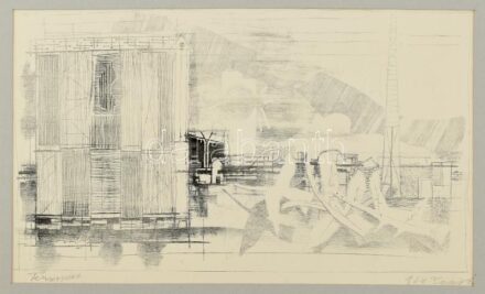 Pásztor Gábor (1933-2012): Tengerpart, 1964. Litográfia, papír. Jelzett. Paszpartuban. 28x49,5 cm. Ritka, korai alkotás!