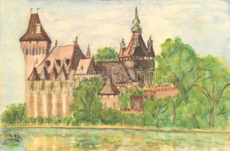 HI.RI. 1976 jelzéssel: Vajdahunyad vára, Városliget. Akvarell, ceruza, papír. Üvegezett, sérült fa keretben. 20x28,5 cm
