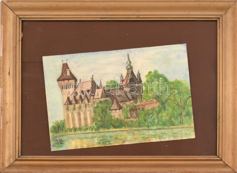 HI.RI. 1976 jelzéssel: Vajdahunyad vára, Városliget. Akvarell, ceruza, papír. Üvegezett, sérült fa keretben. 20x28,5 cm - Image 2