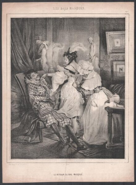cca 1840 2 db metszet a Les Bals Masques sorozatból: Les Apprets du Bal és Le retour du bal masque. Litográfia, papír. Jeleztt a litográfián. Hajtásnyommal, egyik lap szélén kisebb szakadással. 25x21 cm