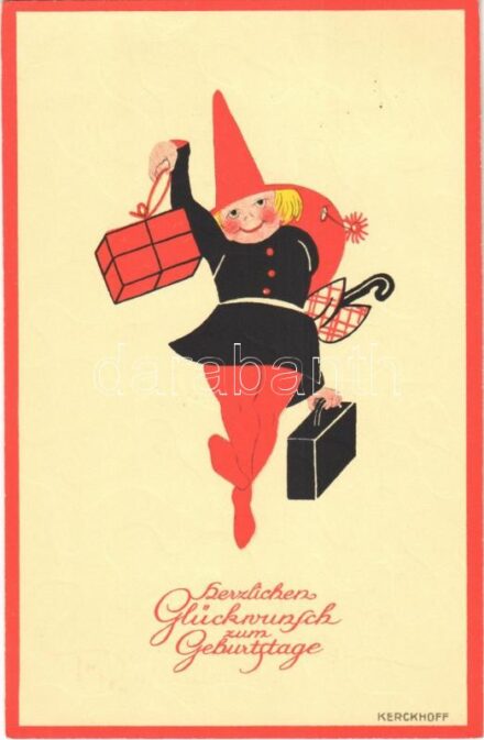 1933 Herzlichen Glückwunsch zum Geburtstage / Krampus lady with Birthday greetings, witch. A.R. Co. 8021. s: Kerckhoff