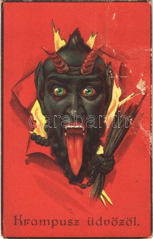 Krampusz üdvözöl / Krampus art postcard. litho (r)