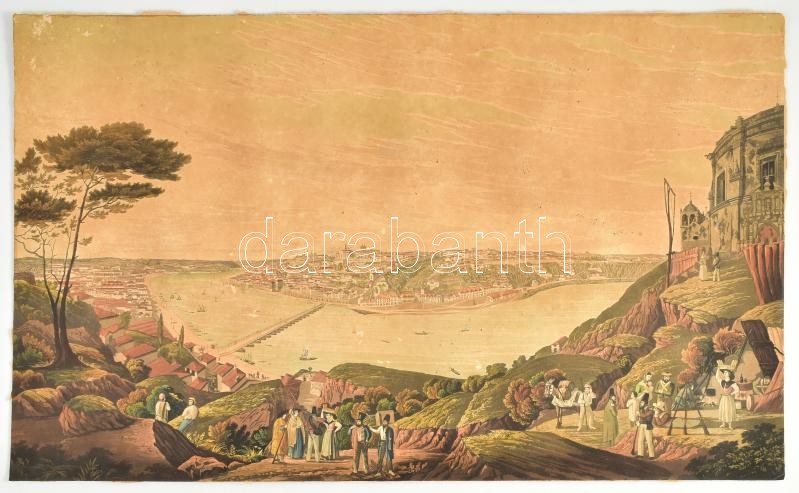 cca 1800 Porto látlóképe. Színezett rézmetszet, papír. Jelzés nélkül. Körbevágva. 37,5x62 cm / View of Porto. Coloured etching on paper. Unsigned. Cut. 37,5x62 cm