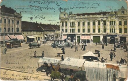 1910 Temesvár, Timisoara; Gyárváros, Fő tér, piac, villamos, Marokkaner szálloda, Goldmann S., Harang Gusztáv, Farchy Sámuel és Jermovits Márkusz üzlete / Fabric, main square, shops, hotel, tram, market (EK)