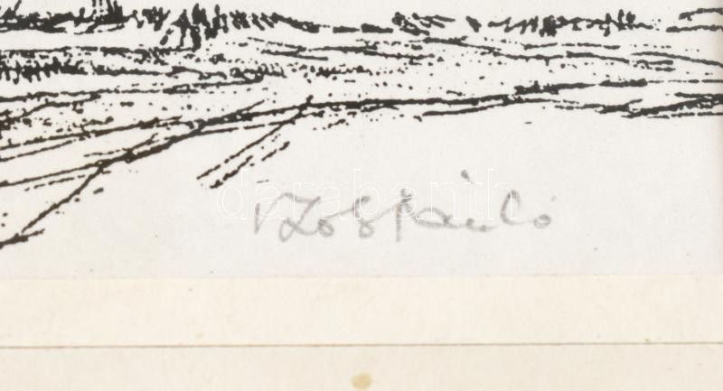 Olvashatatlan jelzéssel: Lovak a gémeskútnál. Nyomat, papír, jelzett. Üvegezett fa keretben. 12,5x15,5 cm - Image 2