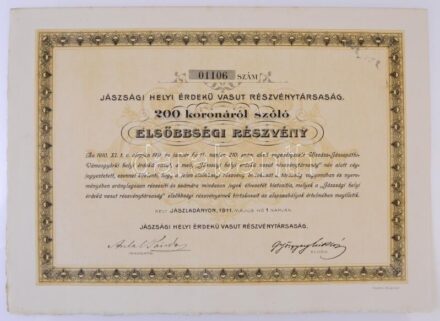 Jászladány 1911. 'Jászsági Helyi Érdekű Vasút Részvénytársaság' elsőbbségi részvénye 200K-ról T:I- fo.