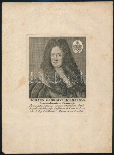 cca 1700 Johann. Georgius Hofmannus Lutzenruno - Francus. Jureconsultus primum comitum Erbaconsium... Rézmetszetű porté 13x10 cm